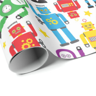 Kids Science Fiction Robots and Aliens Birthday Wrapping Paper
