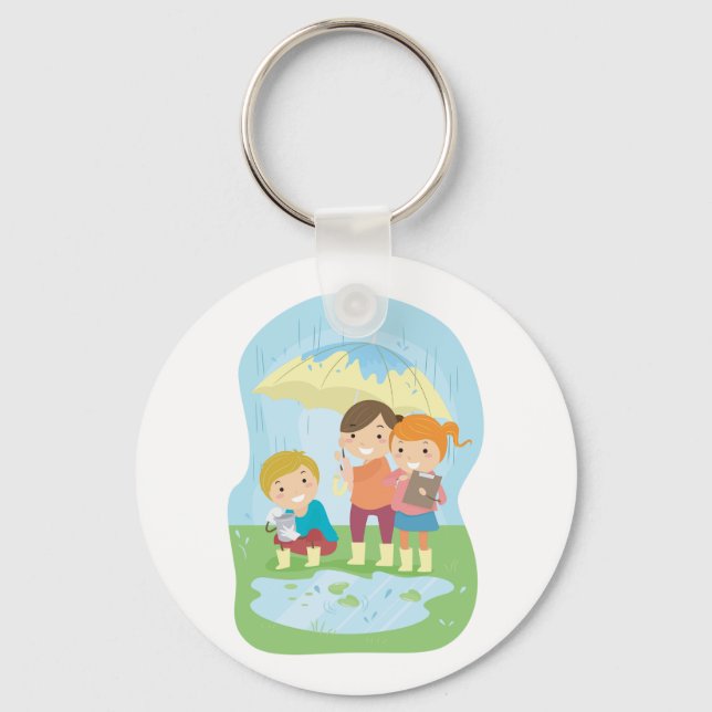 Kids Science Nature Study in Rain Keychain (Front)