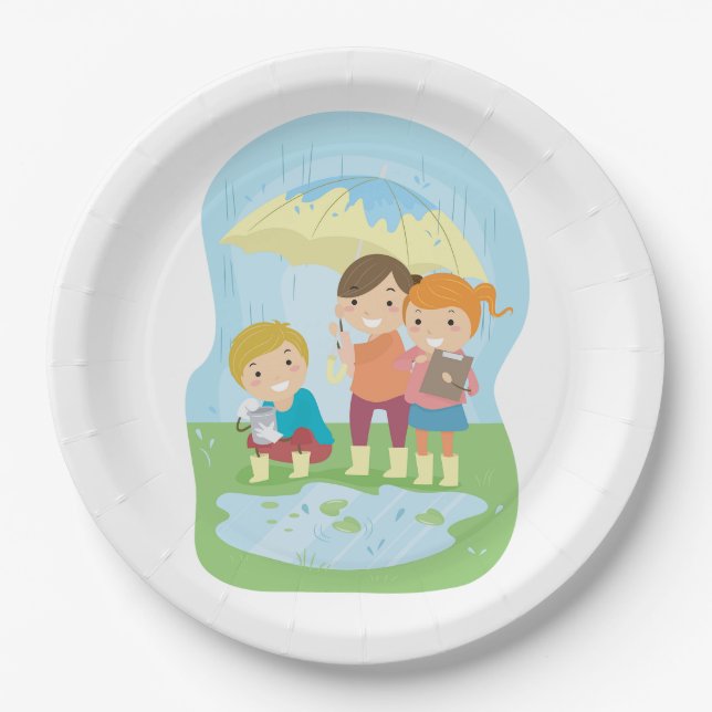 Kids Science Nature Study in Rain Paper Plates (Front)