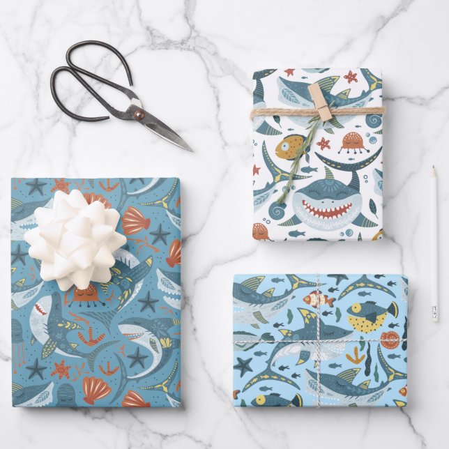 Kids Shark 1st 2nd 3rd Birthday Marine Boy Wrapping Paper Sheets (Front)