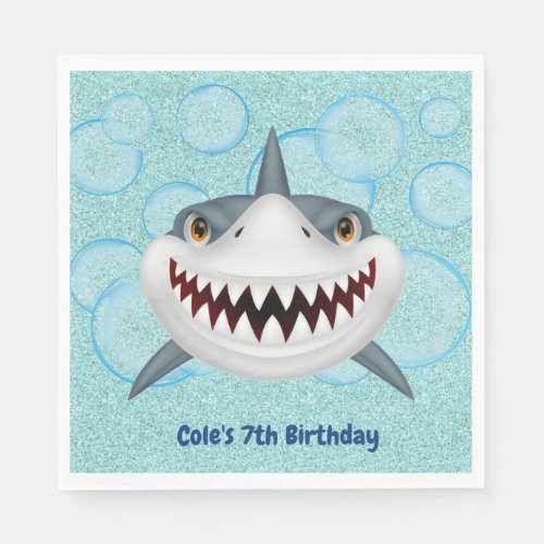 Kids Shark Aqua Glitter Birthday Party Napkins