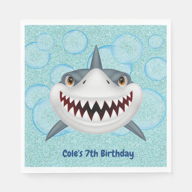 Kids Shark Aqua Glitter Birthday Party Napkins (Front)