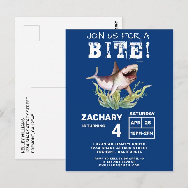Kids Shark Birthday Party Invitation Postcard (Front/Back)