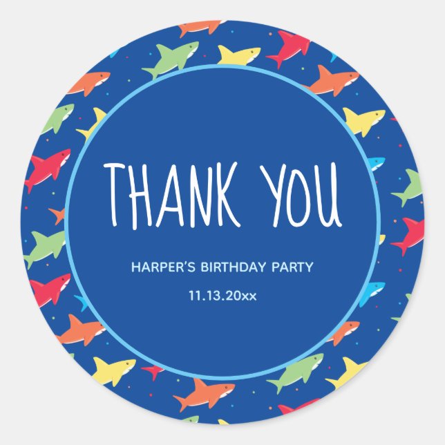 Kids Shark Birthday Party Thank You  Classic Round Sticker (Front)