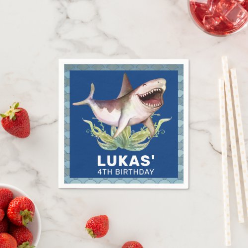 Kids Shark Blue Birthday Party Napkins