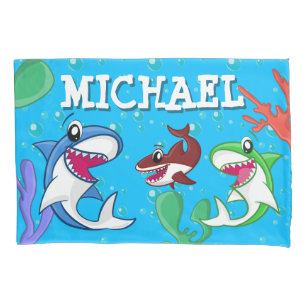 Kids Shark Cartoon Underwater Blue Sea Life Ocean Pillow Case