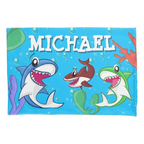 Kids Shark Cartoon Underwater Blue Sea Life Ocean Pillow Case