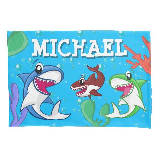Kids Shark Cartoon Underwater Blue Sea Life Ocean Pillow Case (Front)