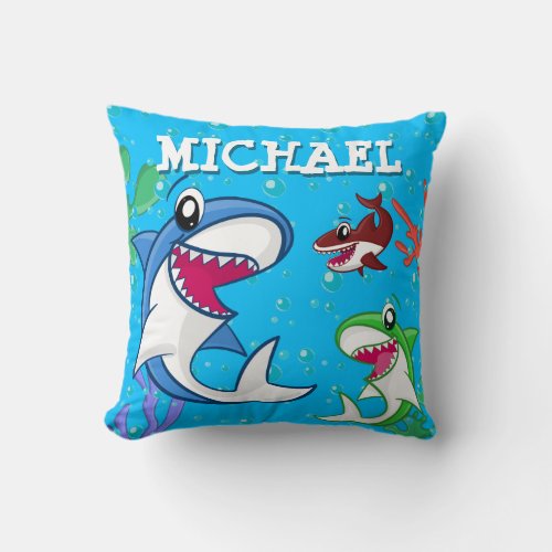 Kids Shark Cartoon Underwater Blue Sea Ocean Boys Throw Pillow