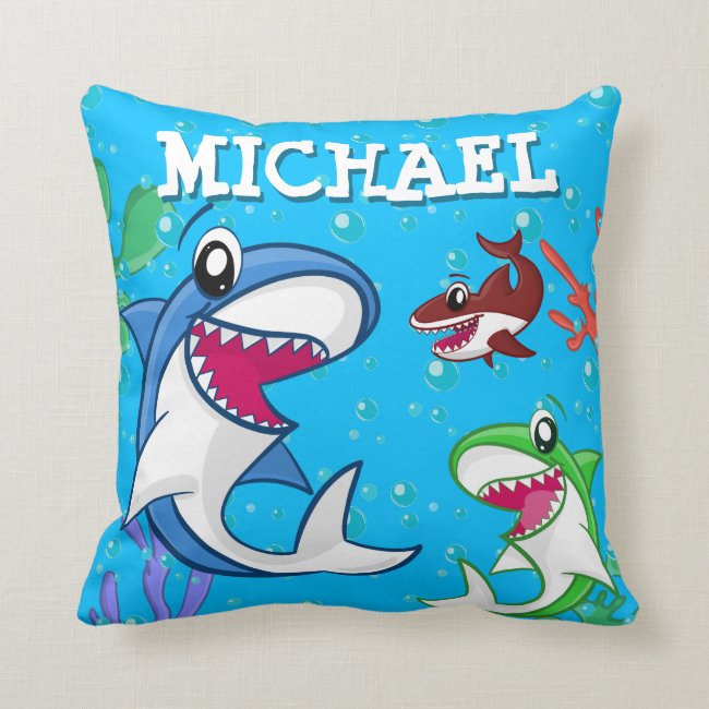 Kids Shark Cartoon Underwater Blue Sea Ocean Boys Throw Pillow