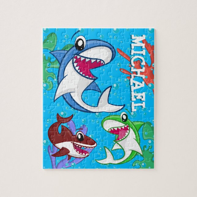 Kids Shark Cartoon Underwater Blue Sea Ocean Fish Jigsaw Puzzle (Vertical)