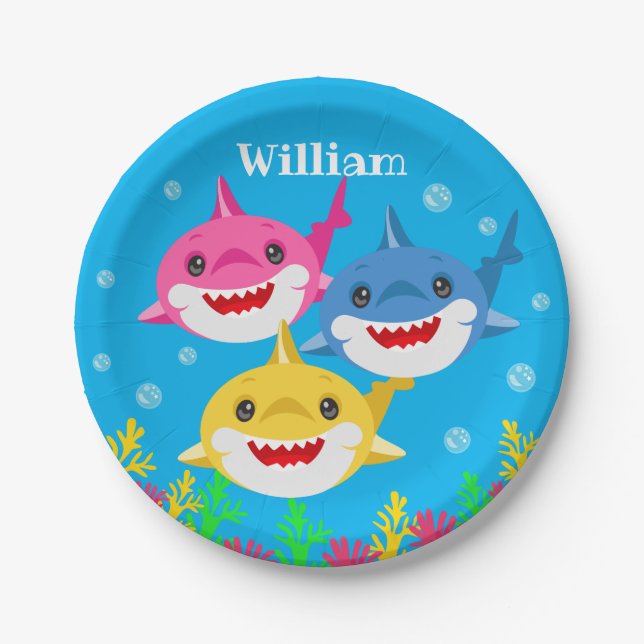 Kids Shark & Family Personalized Birthday Paper Plates (Front)