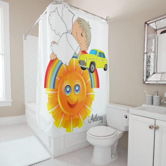 Kids Shower Curtain Angel Car Rainbow Sun (In Situ)