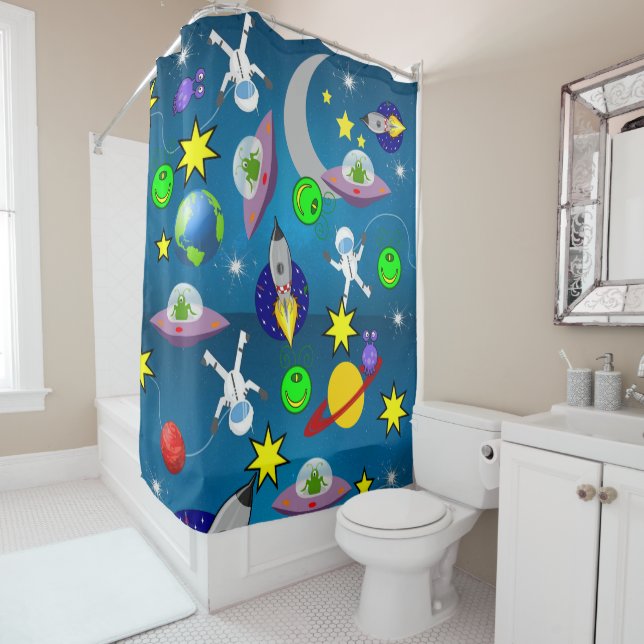 Kids Shower Curtain Astronaut Aliens Space (In Situ)