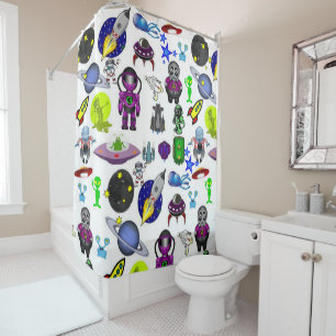 Kids Shower Curtain Astronaut Aliens Space