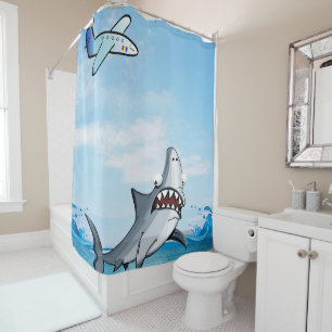 Kids Shower Curtain Blue Shark Airplane