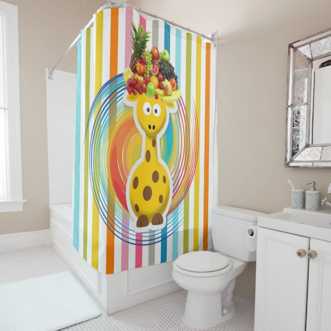 Kids Shower Curtain Giraffe Floral Stripe Fruit (In Situ)