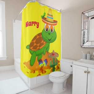 Kids Shower Curtain Green Turtle Sombrero