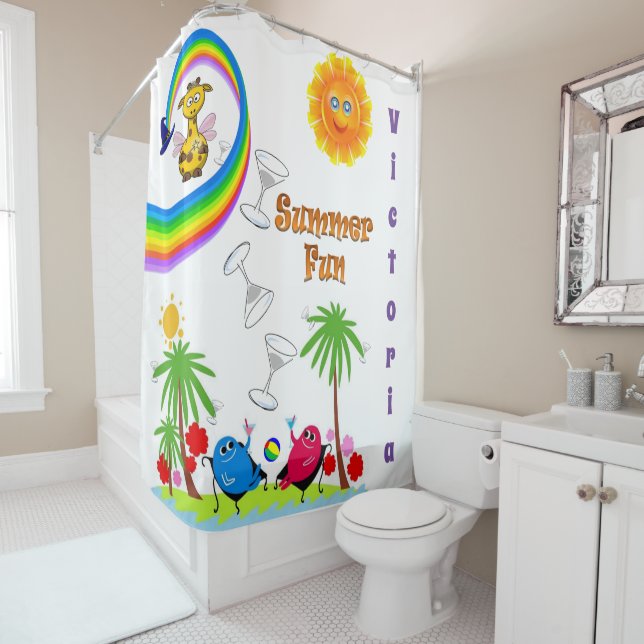 Kids Shower Curtain Rainbow Sun Giraffe (In Situ)