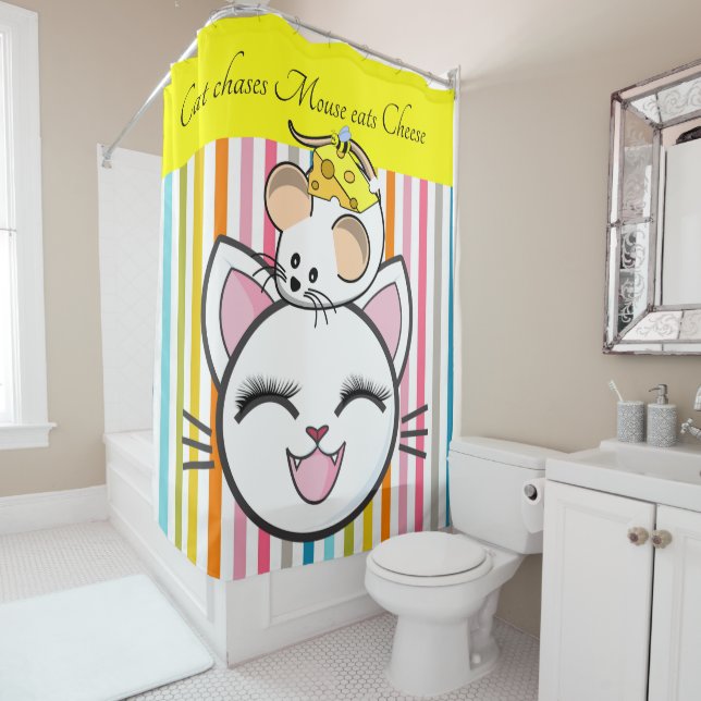 Kids Shower Curtain Stripe Cat Mouse Cheese (In Situ)