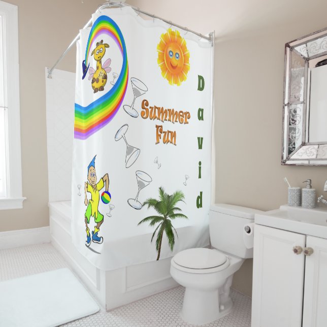 Kids Shower Curtain Sun Rainbow Giraffe (In Situ)