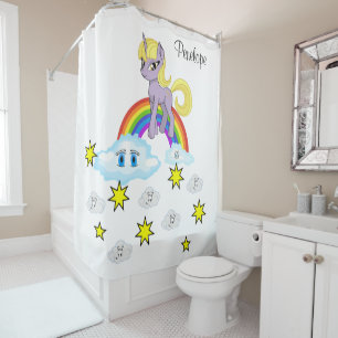 Kids Shower Curtain Unicorn Stars Rainbow Clouds