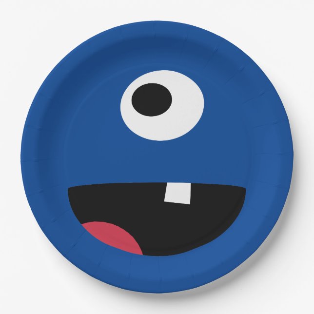 Kids Silly Monster Face Monsters Party Blue Cute Paper Plates (Front)