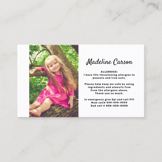 Kids Simple Photo Food Allergy Medical Alert Card (Front)