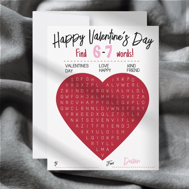 Kids Six Seven Valentine Word Search Heart Class Note Card (Creator Uploaded)
