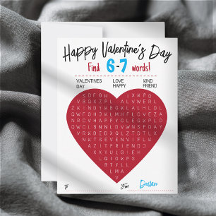 Kids Six Seven Valentine Word Search Heart Class Note Card