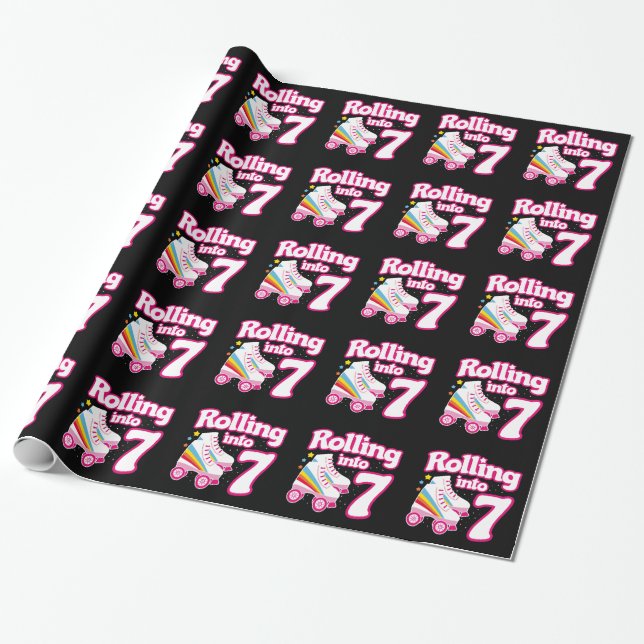 Kids Skate Party - 7th Birthday - Roller Skating Wrapping Paper (Unrolled)