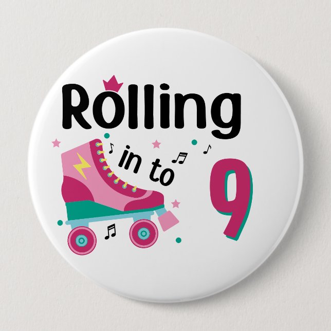 Kids Skate Party - 9th Birthday - Roller Skating Button (Front)