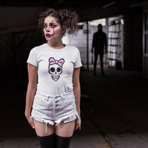 Kids Skull T_Shirt _ Spooky Lady Pink Bow Design 