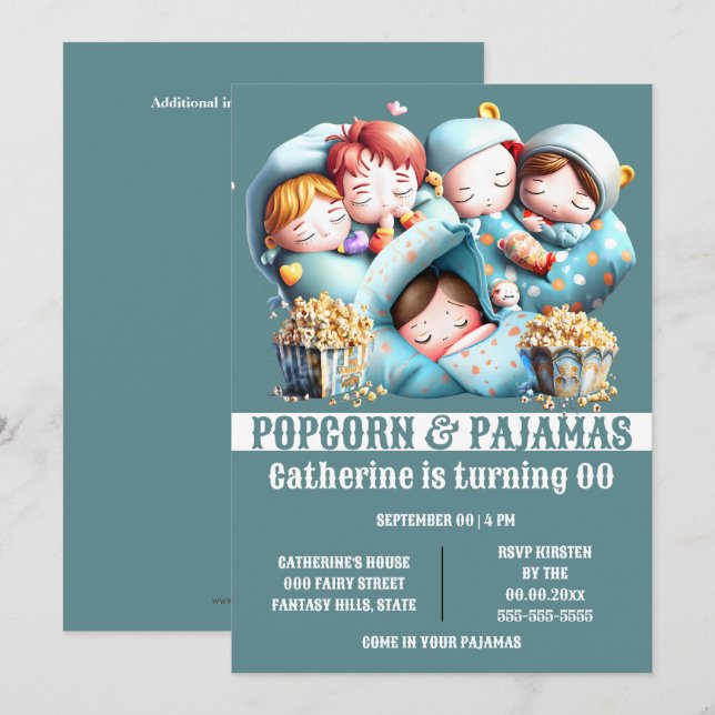 Kids sleeping bags popcorn pajamas sleepover party invitation (Front/Back)