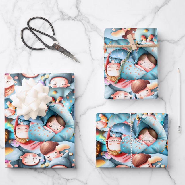 Kids sleeping slumber sleepover pajama party  wrapping paper sheets (Front)