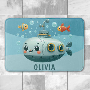 Kids Smiling Cute Submarine with Fish and Bubbles Bath Mat