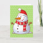 Kids Snowman Christmas Tree Snow for Grandparents Holiday Card<br><div class="desc">A cute Christmas card for kids to send to grandmother and grandfather. Features a cute cartoon snowman with a button eyes, carrot nose, santa hat and red striped scarf, and stick arms. White Christmas tree snowflakes fall on a green background. Just personalize and add your greeting inside. Change words to...</div>