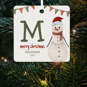 Kids Snowman Monogram Christmas Tree  Metal Ornament by bubblesgifts at Zazzle