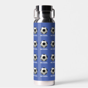 blue white soccer ball girl name jersey number stainless steel water bottle