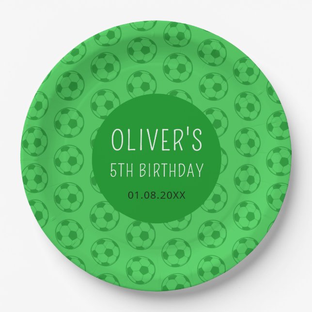 Kids Soccer Ball Green Boys Birthday Party Paper Plates (Front)