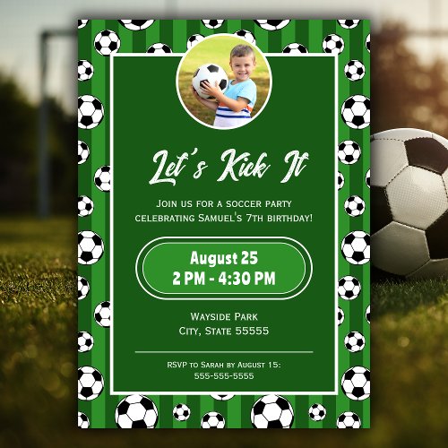 Kids Soccer Ball Pattern and Photo Birthday Party Invitation