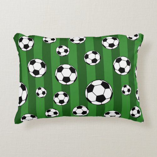 Kids Soccer Ball Pattern on Green Stripes Accent Pillow