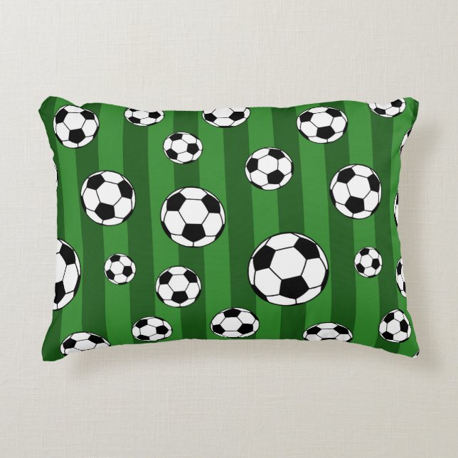 Kids Soccer Ball Pattern on Green Stripes Accent Pillow (Front)