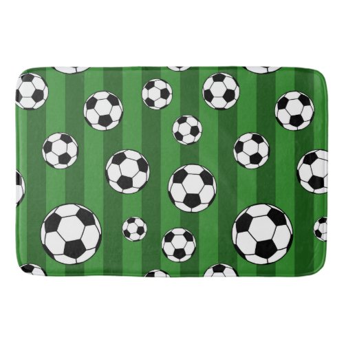 Kids Soccer Ball Pattern on Green Stripes Bathroom Bath Mat