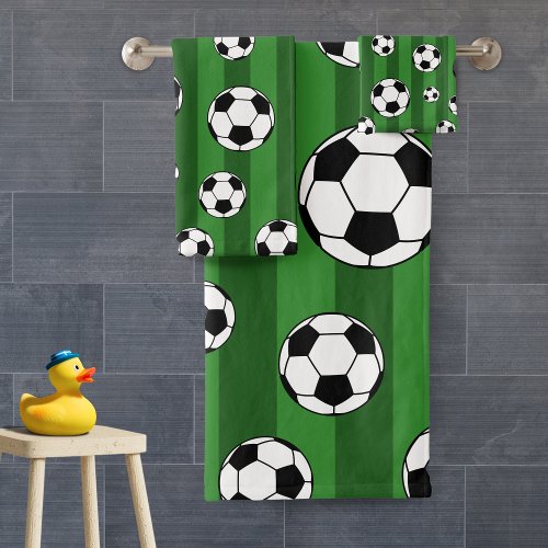 Kids Soccer Ball Pattern on Green Stripes Bathroom Bath Towel Set