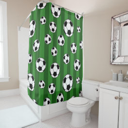 Kids Soccer Ball Pattern on Green Stripes Bathroom Shower Curtain