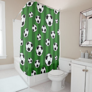 Kids Soccer Ball Pattern on Green Stripes Bathroom Shower Curtain