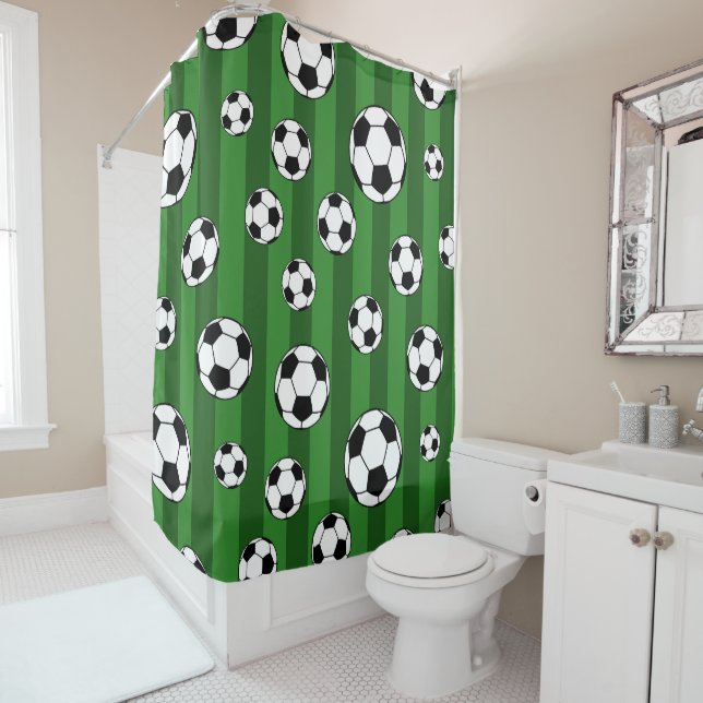 Kids Soccer Ball Pattern on Green Stripes Bathroom Shower Curtain (In Situ)