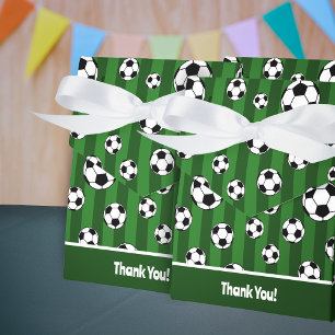 Kids Soccer Ball Pattern on Green Stripes Birthday Favor Boxes