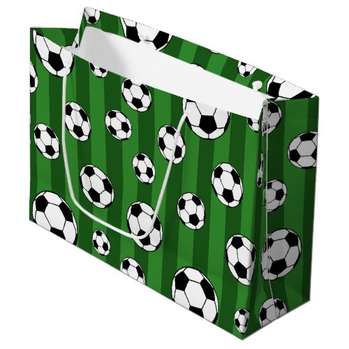 Kids Soccer Ball Pattern on Green Stripes Birthday Large Gift Bag